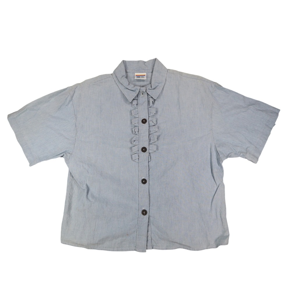 New Expressions Shirt Womens Medium Vintage Blue Cotton Ruffle Short Sleeve USA